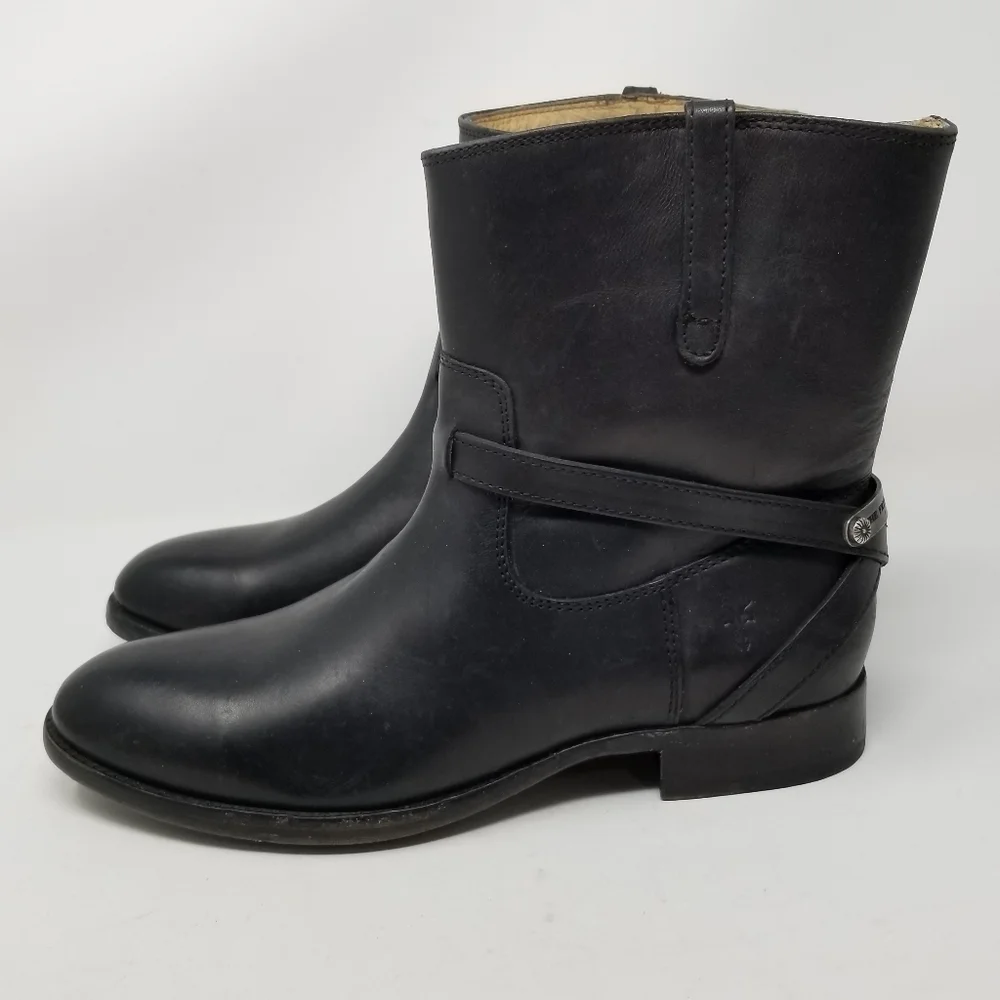 Frye Womens Lindsay Plate Short Boots Black Leather Moto Size 6.5 Straps Pull On